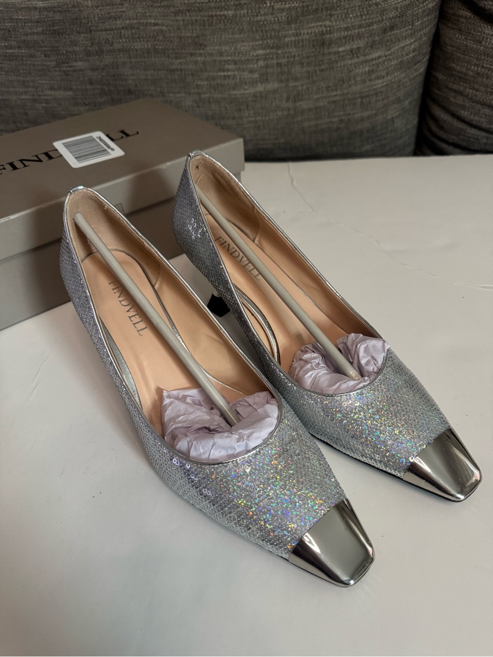 dwell Silver Glitter Pointed Toe Pumps with Metallic Cap